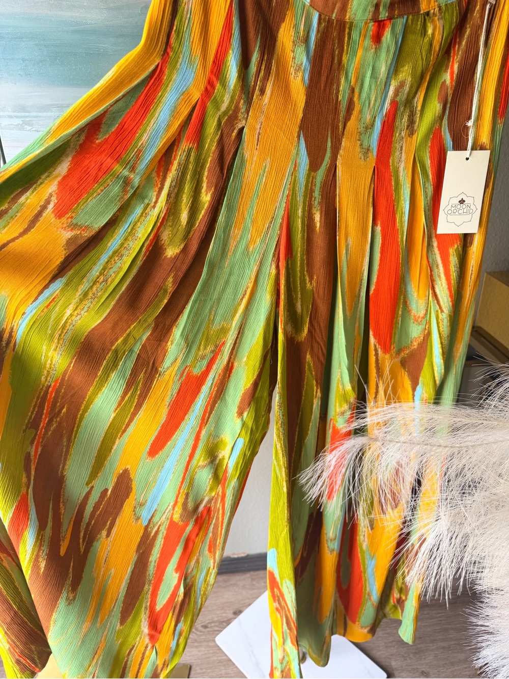 Moon Orchid Multicolor Green, Yellow & Brown elastic Waist Wide-Leg Pants